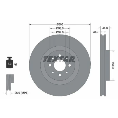 Imagen de TEXTAR PRO 92228503 Disco de freno 305 28 04/08 98 ventilación interna revestido sin perno sujeción rueda, buje rueda ALFA ROMEO: MiTo