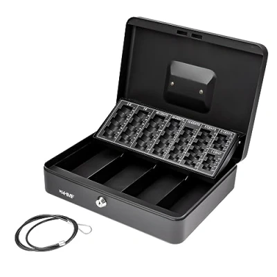 Imagen de HMF 42151 02 Caja de caudales con cerradura tablero conteo monedas y cable seguridad, 30,5 x 24 9 cm, color negro