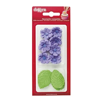 Imagen de Dekora Caja de 8 Flores Azucar Violetas y 5 Hojas Verdes Figuras Comestibles para Tartas Decoracion Tarta Cumpleaños Azúcar