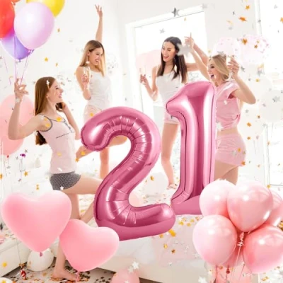 Imagen de Globos de 21 cumpleaños,Rosa pulgadas Globo número, decoraciones número cumpleaños para hombre y mujer, inflable lámina Rosa