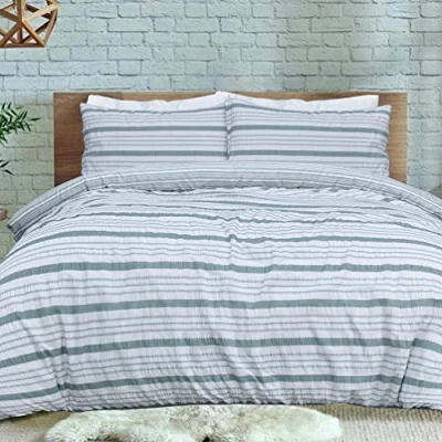 Imagen de Sleepdown Juego de Funda edredón Reversible con diseño Seersucker a Rayas, Color Verde y Blanco