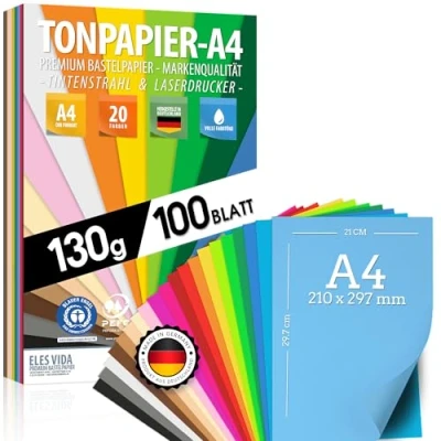 Imagen de 100 hojas de papel ARCILLA color DIN A4 130g / m² Juego 20 colores artesanal estable y colores, para niños bricolaje, regalos ser creativos Imprimible