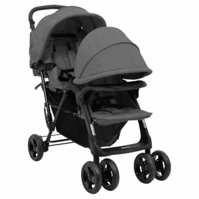 Imagen de vidaXL Carrito para Gemelos Cochecito Sillita Gemelar Silla de Paseo Canasta Niños Reposapiés Ajustable Dosel Plegable Tándem Acero Gris Oscuro