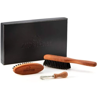 Imagen de ZilberHaar Kit para el Cuidado de la barba 1 cepillo + bolsillo accesorio limpieza 100% Cerdas jabalí auténtico Set regalo hombre, Facial