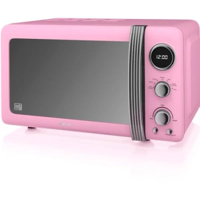 Imagen de Swan Retro SM22030LPNEU Microondas Digital 20L, 5 Niveles de Potencia, Función Descongelación, Temporizador 60 Minutos, Puerta Espejo, Plato Giratorio 27 cm, Diseño Vintage, Rosa, 800W