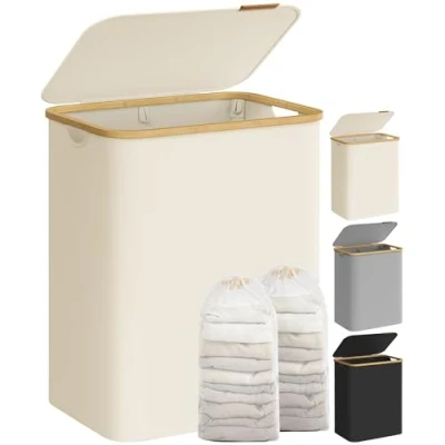 Imagen de SONGMICS Cesto de Ropa Sucia con Tapa, Gran Cesta Colada 2 Secciones, 130 L, Forro Malla Extraíble, Tejido Oxford, Asas Bambú, Plegable, 52 x 38,5 70,5 cm, Blanco Crema LCB513W01
