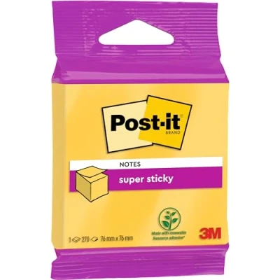 Imagen de Post it Super Sticky Cubo De Notas, Ultra Amarillo, 76 mm x mm, 270 Hojas/Bloc, 1 Bloc/Paquete, 100% PEFC SGSCH COC 110078