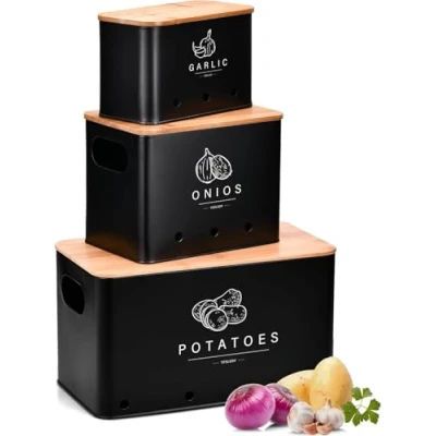 Imagen de EOPUOZS Caja Para Guardar Patatas, Juego de 3 Tarros Patatas Cebollas y Ajos, Almacenamiento con Tapa Orificios Ventilacion, Organizador Cocina Diseño Retro(Negro)