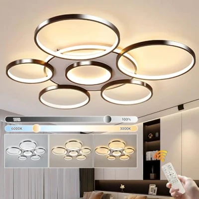 Imagen de YYUTLUO Lámpara Techo LED Moderna, Ø110cm Multicírculo Negra, 120W Regulable Continuo 3000 6000K, Redonda De Metal + Acrílico, Dormitorio Sala Niños Oficina Estudio Cocina (7 Anillos)