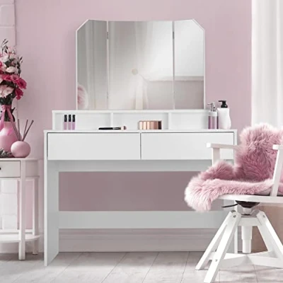 Imagen de ML Design Tocador Moderno con 2 Cajónes y 3 Compartimentos Abiertos Espejo Plegable 100x40x140cm Blanco Fabricado en Madera MDF Mesa de Peluquería Cómoda Retoques Maquillaje Gabinete Make Up