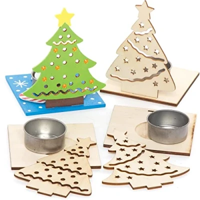 Imagen de Baker Ross FE908 Kits de Portavelas Madera Árbol Navidad Paquete 4, Soporte para Velas Decorar y Exhibir, Manualidades Niños, Proyecto Ideal Navideñas