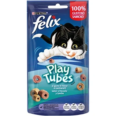Imagen de Felix Purina Play Tubes, Snack, premio para Gato con Pescado y Gambas al horno, 8 bolsas de 50g