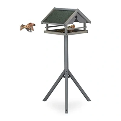 Imagen de Relaxdays Comedero Pájaros con Soporte, Techo Resistente a Intemperie, Casa Alimentación, Madera, 120x62x55 cm, Gris