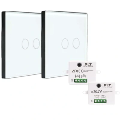 Imagen de Kit Interruptor inalámbrico 2 mando a distancia de pared doble luz + mini receptor empotrado Va y viene sin trabajo Control remoto táctil radio RF 433 MHz
