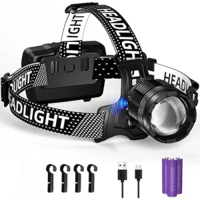 Imagen de SENDALE linterna frontal LED recargable, 90.000 lúmenes, recargable con sensor, 6000 mAh USB C 3 modos de luz, IP65 resistente al agua, ajustable para