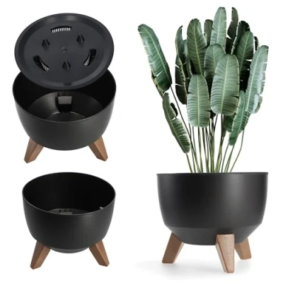 Imagen de KADAX Maceta Decorativa de Plástico con Soporte Integrado, Macetero Tres Patas Imitación Madera para Interior y Exterior (Negro, 39.5 cm)