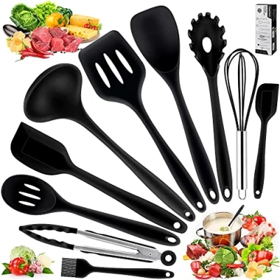 Imagen de Utensilios de Cocina Silicona, Herramientas Antiadherentes para Hornear Resistentes al Calor 10 Juegos Negro (Cucharas Cocina,Cucharas Drenaje,Espátulas,Pinza,Cuchara Espaguetis)