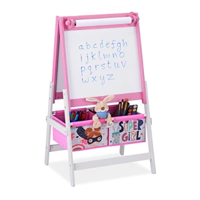 Imagen de Relaxdays Pizarra Infantil de Pie 2 en 1, Tablero Niños Papel y Cestos, 94 x 52 46,5 cm, Encerado Tizas, Rosa Blanco, Tela no Tejida