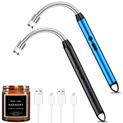Imagen de NCKIHRKK 2 Encendedor Cocina Arco Electrico con Indicador de Batería, Mechero USB Recargable, Resistente al Viento, Cuello Flexible Extendido, para Velas,Barbacoa