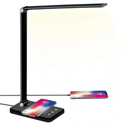 Imagen de BIENSER Lámpara de Escritorio LED, 10W Carga Inductiva &amp; USB, 10 Niveles Brillo x 5 Colores, Mesa Regulable, Protección Ocular, Control Táctil, Memoria, Temporizador Auto 30/60 min, 20W