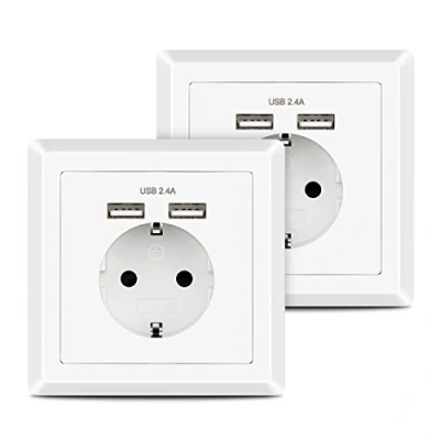 Imagen de 2 X Enchufes de pared, Kaifire Caja enchufe tipo Schuko con puertos USB 2.4A, se adapta a tomas corriente estándar, para cargar dispositivos móviles, Smartphone, MP3, Tableta (2 pack)