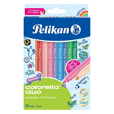Imagen de Pelikan Rotuladores, Colorella Duo, 12 Colores, Punta Doble, Lavable, Tinta a Base Agua, Lápices De Para Niños, Tapón Anti Ahogamiento, No Tóxico