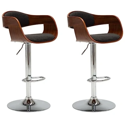 Imagen de vidaXL 2X Madera Curvada Taburetes de Cocina con Reposabrazos Acolchado Casa Asiento Reposapiés Respaldo Silla Alta Bar Tela Gris