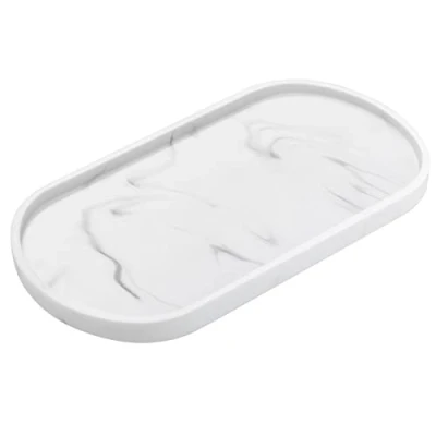 Imagen de Luxspire Bandeja Elíptica, de Resina Cuarto Baño, Joyería, Decoración Hogar, Salón y Dormitorio, Plato Organizador para Velas, Jabón, Toalla, Planta, 29*15.5*1.8 CM Mármol Blanco