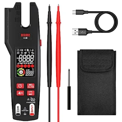 Imagen de BSIDE U6 Comprobador Eléctrico con Termómetro Infrarrojo Pinza Amperimétrica AC DC 600A 9999 Cuentas LCD Color VFC Multímetro Digital Inteligente Mordaza Abierta Batería Recargable y Estuche