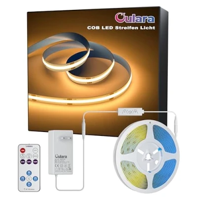 Imagen de OULARA tira led COB blanco cálido 2700K,6M Regulable 24V de luces con RF Remoto y Alimentación,CRI90+ Flexible Strip para decoración del hogar,Función Temporizador
