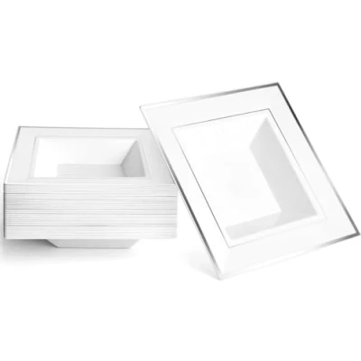 Imagen de MATANA 20 Cuencos Cuadrados Blancos de Plástico con Borde Plateado, 350ml Cuencso Postre Sólidos y Reutilizables Sopa, Platos Hondos para Bodas, Cumpleaños, Fiestas
