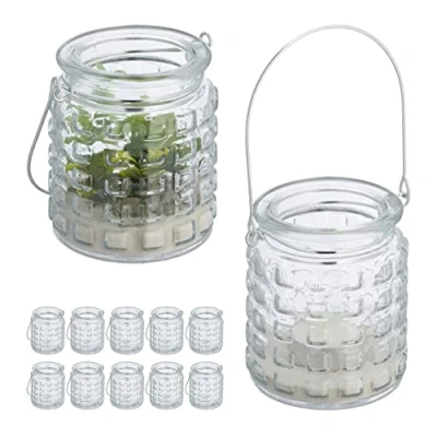 Imagen de Relaxdays Portavelas, Set 12, Cristal, con Asa, Interior/Exterior, Porta Velas Té Decorativo, 9x8 cm, Transparente/Plata, Hierro, 9 x 8 cm