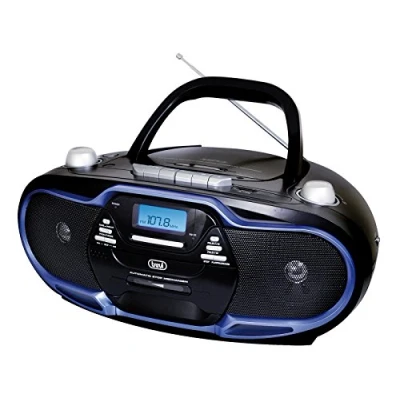 Imagen de Trevi CMP 574 USB Boombox microcadena portátil con radio AM / FM, reproducción de CD, MP3, USB, cassette y salida para auriculares. Color negro detalles en azul