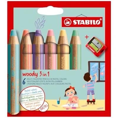Imagen de Lápiz de color multitalento STABILO woody 3 en 1 pastel Estuche con 6 colores + sacapuntas