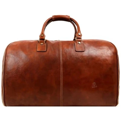 Imagen de Time Resistance Portatrajes de Cuero para Hombre y Mujer Plegable, Ideal Viajes o Guardar tu Ropa Hecho a Mano en Italia con Piel Aunténtica Vachetta, Color Coñac