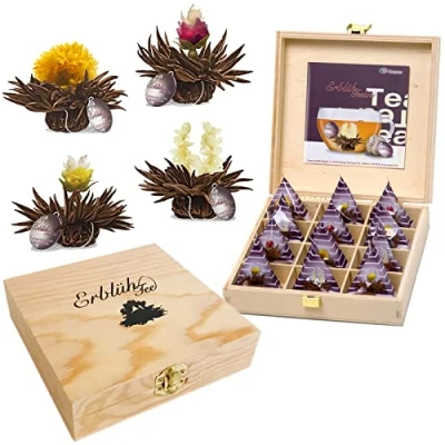 Imagen de Creano Flores de Taza Té en Tamaño Taza, Juego Regalo una Caja Madera, 12 4 Tipos diferentes negro