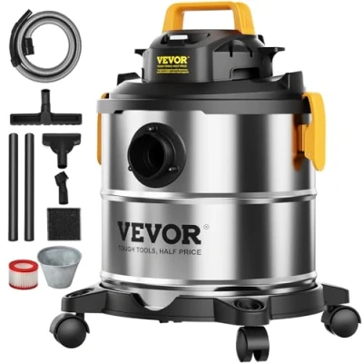Imagen de VEVOR Aspiradora de Taller para Seco y Húmedo, 20 L, 6 HP Pico, Acero Inoxidable, con Succión Soplador Eficientes, Boquilla, Ruedas, Alfombras, Escombros, Plata Negro, 330 x 340 450 mm