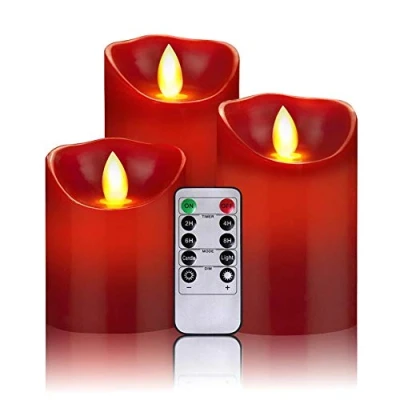 Imagen de OSHINE Velas sin Llama, Juego de 3 Pilares Cera Real Goteo con LED Baile Realistas y Control Remoto 10 Teclas Función Temporizador, Rojo