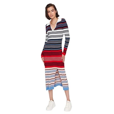 Imagen de Trendyol Vestido de Punto Midi Ajustado con Cuello abatible, para Mujer, Azul Marino, M