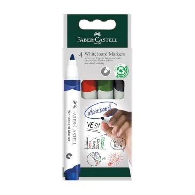 Imagen de Faber Castell 253942 Set de marcadores para pizarra blanca W20, 4 rotuladores borrable, punta redonda 2,25 mm, recargables