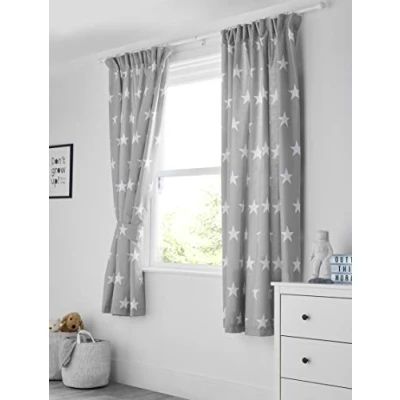 Imagen de Bloomsbury Mill Cortinas Forradas con alzapaños para niños Estampado de Estrellas Grises y Blancas 168 cm x 183