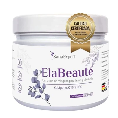 Imagen de SanaExpert ElaBeauté, Colágeno Verisol Suplemento Vitamínico Con Q10, Biotina, Zinc y Extracto de Semilla Uva Sabor Cereza Hidrolizado Puro, (150g) Fabricado en Alemania