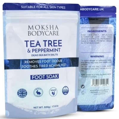Imagen de remojo de pies con aceite árbol té, sales spa para pies, baño exfoliantes mujeres y hombres, esencial doloridos cansados, 500 g