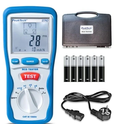 Imagen de PeakTech 2710 Probador digital de FI con pantalla LCD grande, disyuntor corriente residual, cuchilla RCD, carcasa doble aislamiento, voltaje funcionamiento 230V / 50Hz CAT III 600 V