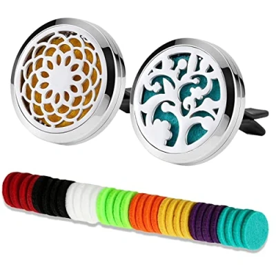Imagen de 2 unids Coche Aromaterapia Aceites Esenciales Difusor Ambientador 30mm Acero Inoxidable Negro Locket Vent Clip + 32 Almohadillas de Recarga (Girasol y Árbol la Vida (Plata B))