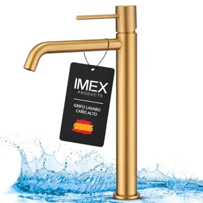 Imagen de IMEX Grifo Monomando Lavabo Caño Alto Baño Mezclador Agua Fria y Caliente sobre Encimera Ahorro de Serie Monza Color Oro Cepillado