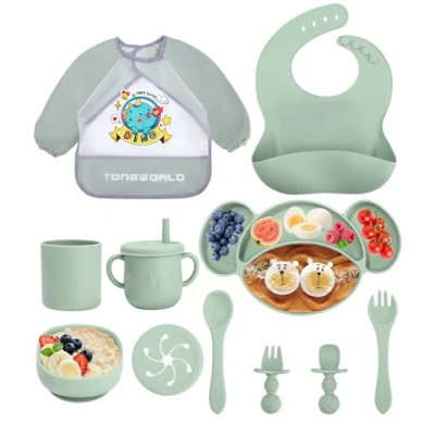 Imagen de Jissta juego de vajilla silicona para bebés,plato bebés,juego 11 piezas plato niños con ventosa,babero impermeable antideslizante sin BPA (verde)