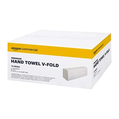 Imagen de AmazonCommercial Toallas Papel Secamanos Plegado V, 2 Capas Premium, 3150 Hojas (15 paquetes de 210), Tamaño la Hoja: 21 cm x 24