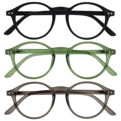 Imagen de OPULIZE REY Gafas de Lectura Pack 3 Montura Redonda Retro Negro Mate, Verde, Gris Hombre Mujer Bisagras Muelle RRR56 167 +3.00