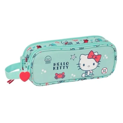 Imagen de Safta Hello Kitty Sea Lovers Portatodo Doble Niño, Estuche Infantil, Ideal para Niños en Edad Escolar, Cómodo y Versátil, Calidad Resistencia, 21x6x8 cm, Color Turquesa